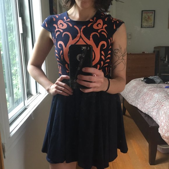Navy Patterned Fit & Flare Dress - Picture 1 of 7